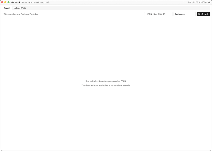 Metabook desktop app searching Pride and Prejudice and exploring its structural schema